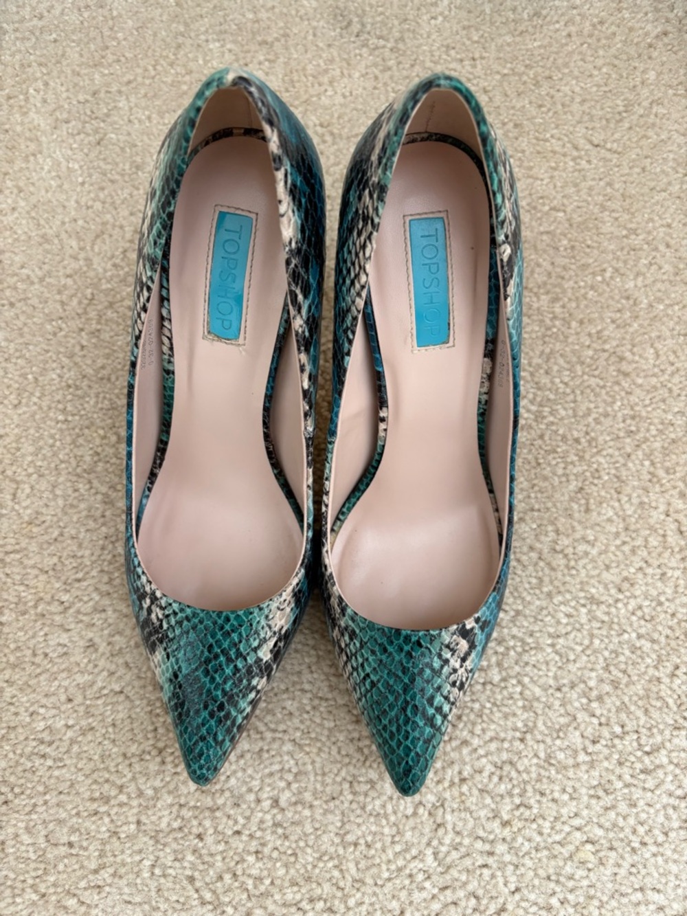 Topshop Teal Snake-Print Pointed Pumps